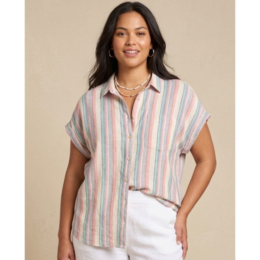 NWT Orvis Women Short Sleeve Linen Blend Shirt top stripe XL Beach‎ coastal 430